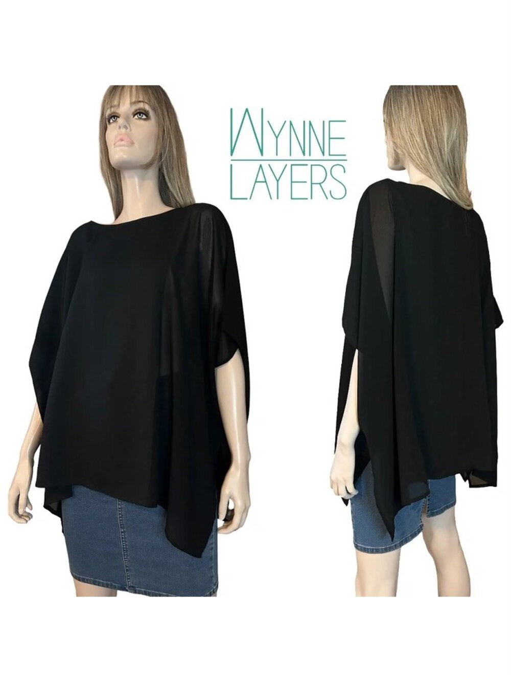 Wynne Layers Top Blouse Batwing Caftan Poncho Chiffon Trim Fluttery Flowy Dressy